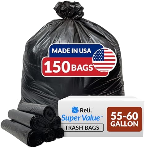 Reli. 55-60 Gallon Trash Bags Heavy Duty | 150 Bags | 50-60 Gallon | Large Black Garbage | Made in USA