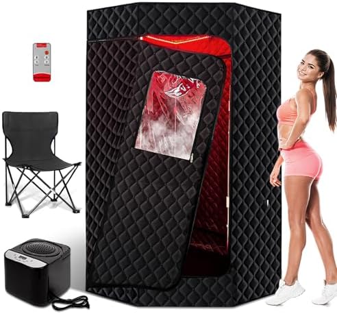 PEEKO Full Size Portable Personal Home Sauna, Pentagon Sauna Tent Sauna Box with 650nm Red Light Therapy, 3L Capacity 1200W Steamer, Pocketed Foldable Chair, Customized Sweat Mat with Remote Control