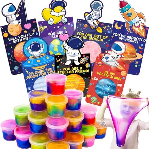 28 Pack Valentines Day Gift for Kids, Galaxy Slime Stress Relief Fidget Toy with Kids Valentines Day Cards, Valentines for Kids Classroom, Valentines Party Favors for Kids