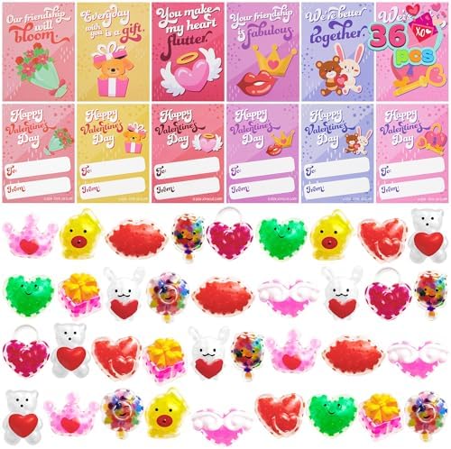 JOYIN 36 Packs Valentine’s Day Mochi with Heart Gift Cards, Mini Critter Squeeze Balls, Stress Fidget Relief, Valentine‘s Party Favors, Exchange Gifts