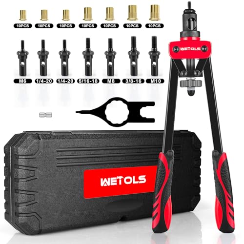Rivet Nut Tool Kit, WETOLS 14-Inch Rivnut Tool Kit with 7 Metric and SAE Mandrels, Professional Nutsert Tool Kit with 70Pcs Rivet Nuts Assortment Kit, Manual Rivet Nut Gun with Rugged BMC Case