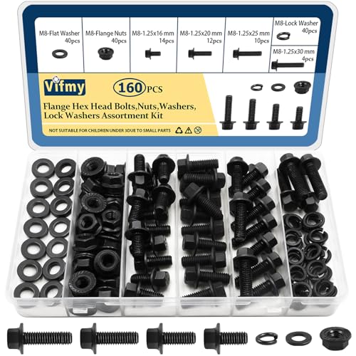 M8-1.25 x 16/20/25/30mm Flange Hex Head Bolts Assortment Kit (160 Piece) with Serrated Flange Nuts,Washers & Lock Spring Washers,Hex Head Screw,Alloy Steel Black Oxide Finish Plated,Full Thread