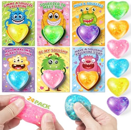 24 Pack Valentine's Day Cards for Kids with Stretchy Balls, Valentines Day Gifts for Kids, Heart Shape Squeeze Toys for School Classroom Valentine's Gifts Exchange, Valentines Party Favors Prizes
