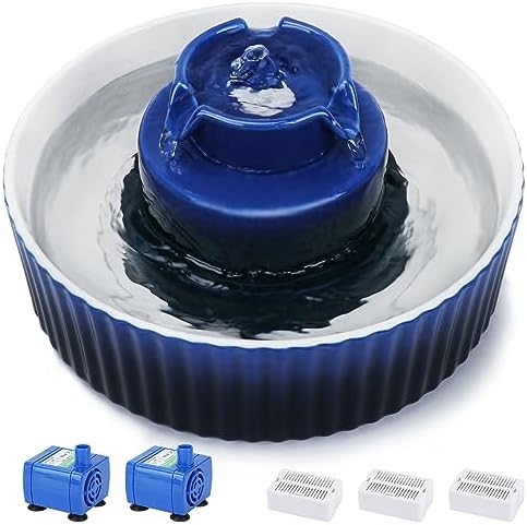 Ceramic Cat Water Fountain, 2.1L/71oz Cat Fountain with 3 Carbon Filters and 2 Water Pumps, Cupcake Pet Water Fountain for Cats and Dogs (Dark Blue)