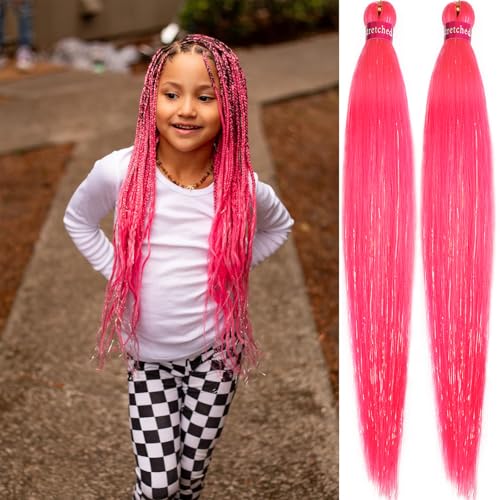 Hot Pink Braiding Hair with Tinsel 30 Inch Pre Stretched Braiding Hair 2 Packs Pre Feathered Hair Extensions Yaki Texture Braids Hair Easy to Use