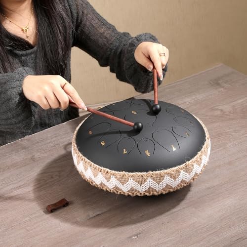 ZXZYHFTY Steel Tongue Drum, 12 Inch 13Note Steel Hand Drum with Bag, Music Book, Drumsticks, Mallet Holder and Finger Paddles, for Camping, Meditation or Yoga (Black-12Inch)