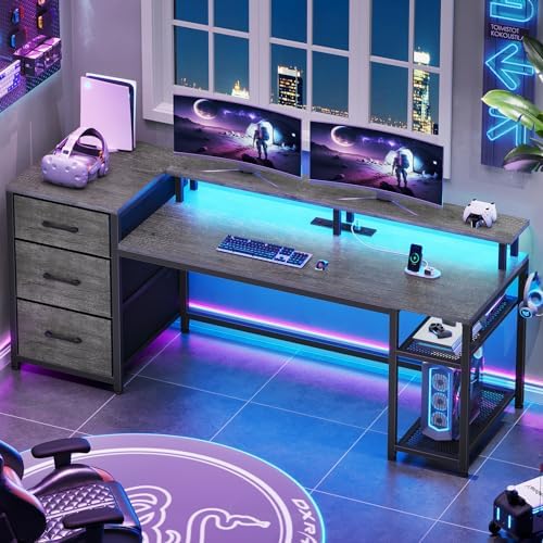 SEDETA 59" Office Desk with Drawers, Reversible Computer Desk with File Drawers & Storage, Gaming Desk with LED Lights & Power Outlet, Home Office Desks for Printer, Grey