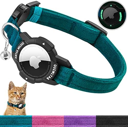 Luminous AirTag Cat Collar Breakaway, OUCWLTAG GPS Cat Collar with Apple Air Tag Holder, Cat Tracker Collars with Safety Elastic Band for Girl Boy Cats, Kittens and Puppies (Blue, 7-10 Inch)