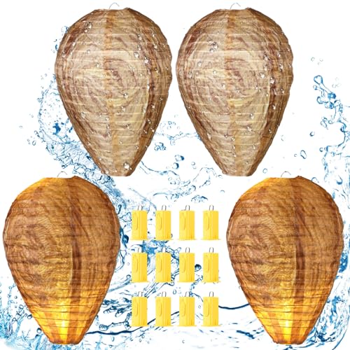 FoldTier 4 Sets Wasp Nest Decoy Light up Waterproof Hanging Wasp Deterrent for Wasps Bee Festival Outdoor Hanging Fake Wasp Repellent Hornets Nest for Backyard Patio Home Garden Yard