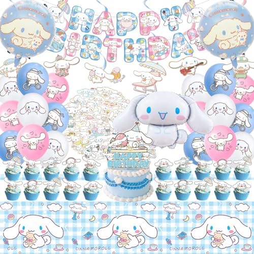 Cinnamoroll Birthday Decorations, 101PCS Party Supplies Set Include Banner, Balloons, Stickers, Hanging Swirls, Cake Cupcake Toppers, Tablecloth for Kids Cinnamoroll Theme Party