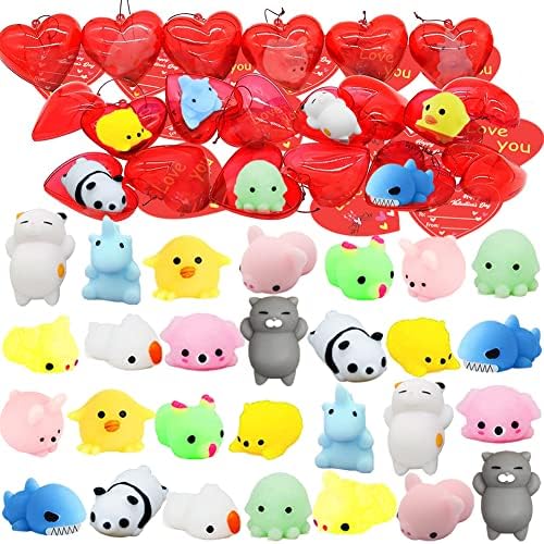 CAMIRUS 28Pcs Valentine Party Favors Squishy Toys, Kawaii Squishies Mochi Filled Hearts and Valentines Cards for Kids Classroom Rewards Gifts, Valentines Day Exchange Gift