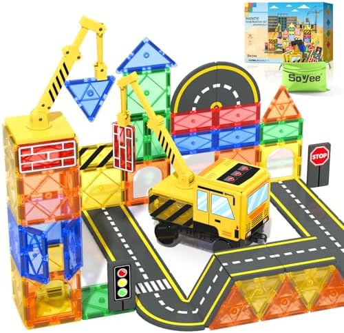 Magnetic Tiles Construction Toys with Crane Road Pieces Truck Magnetic Blocks STEM Building Sensory Toys for Kids 3 4 5 6 7 8 Year Old Boys Birthday Xmas Gifts