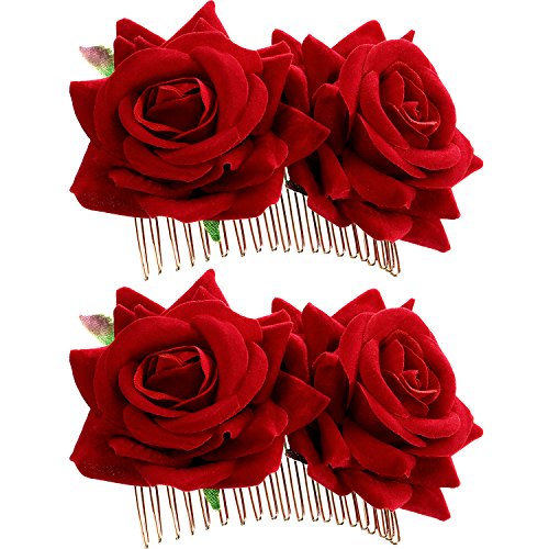 2 Pack Rose Flower Hair Clip, Women Wedding Hair Accessories, Flamenco Dancer (Red)