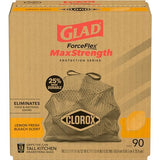 Glad ForceFlex MaxStrength with Clorox Trash Bags, 13 Gal, Lemon Fresh Bleach, 90 Ct, Pack May Vary