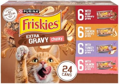 Purina Friskies Extra Gravy Wet Cat Food Chunky 24ct Variety Pack (With Chicken, Turkey, Salmon, Beef) - (Pack of 24) 5.5 oz. Cans