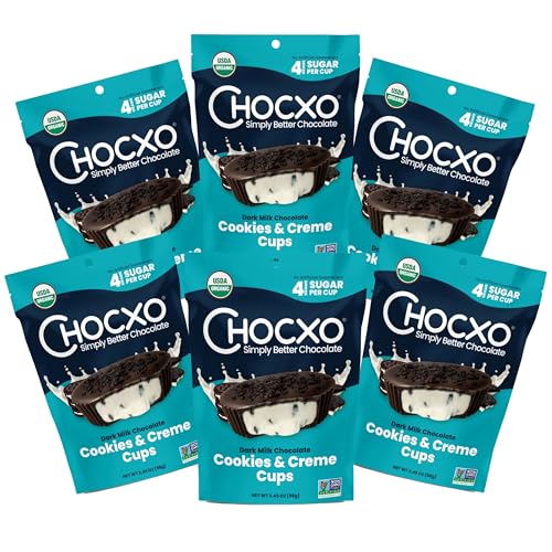 Chocxo Dark Milk Chocolate Cookies & Crème Cups - Lower Sugar, Organic, NonGMO, Keto, Gluten Free, Kosher, No Artificial Sweeteners/Sugar Alcohols, 3.45 oz (Pack of 6)