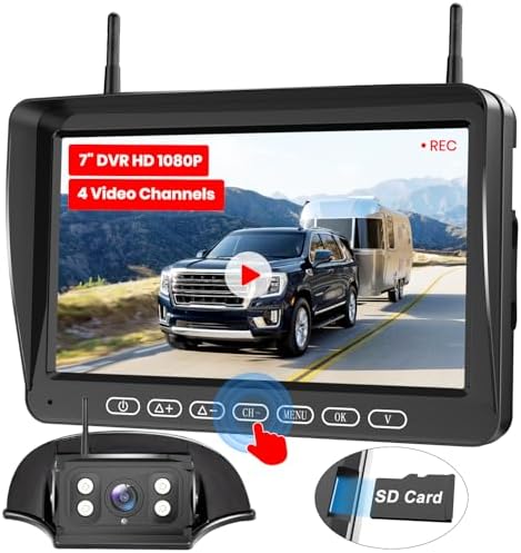 RV Backup Camera Wireless Pre-Wired for Furrion Systems: 1080P 7" Recording Split Screen Monitor & IR Night Vision Back Up Camera, Wide Angle Rear View Camera for Trailer, Camper 5th Wheel BoscamPlus