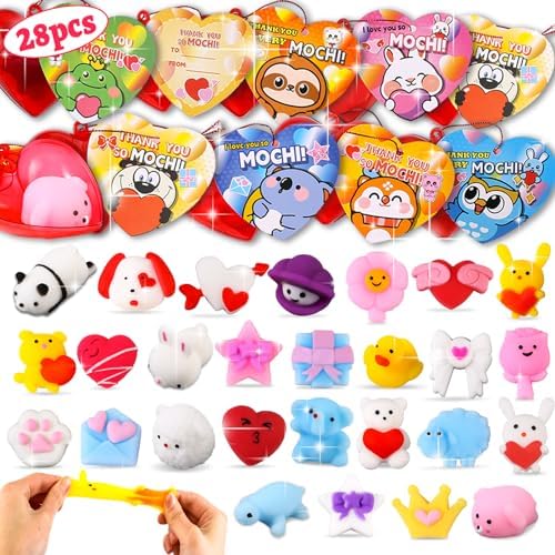 28 Pack Valentines Day Gifts for Kids, Valentine Mochi Squishy Toys Filled Hearts with Valentine Cards for Kids School Classroom Exchange Prizes Valentine Party Favor Toy Exchange Greeting Card