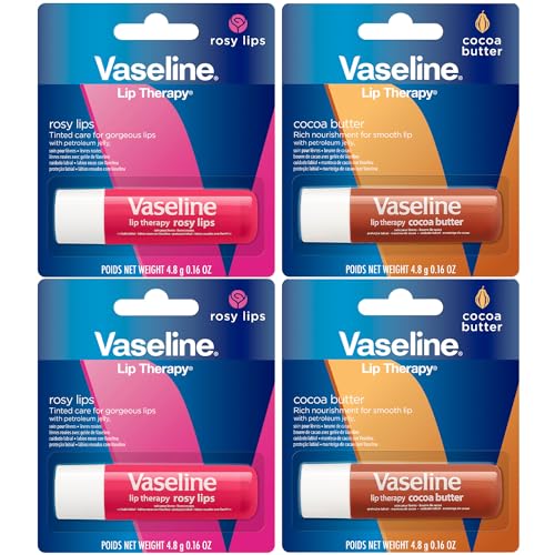 Vaseline Lip Therapy Variety 4-Pack – Rosy Lips + Cocoa Butter Moisturizing Lip Balm with Vitamin E, 0.16 Oz Ea