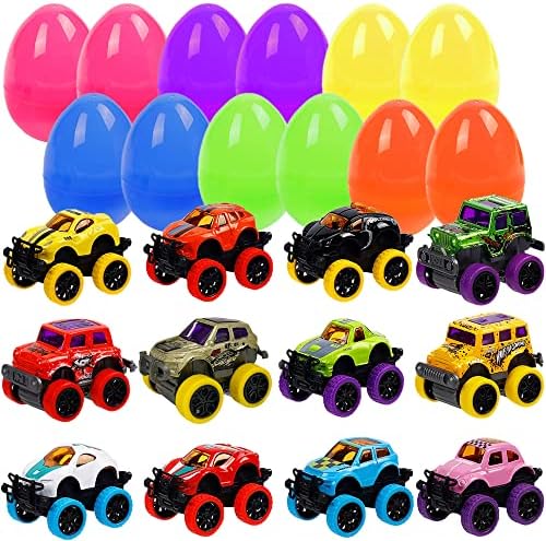 WATERGLIDE Set of 12 Pull Back Cars for 3-6 Year Old Boys, Easter Eggs Filled with Pullback Monster Vehicles Toys, Easter Egg Hunt, Basket Stuffers Filler, Party Favor Easter Gifts for Boys Age 3-6