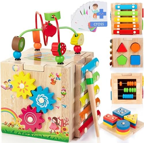 Bravmate Wooden Activity Cube, 8-in-1 Montessori Toys for 1-2 Year Old Boys & Girls, Multipurpose Educational Toy for 12M+ Baby Toddler, First Birthday Gift with Word Cards | Sorting & Stacking Board