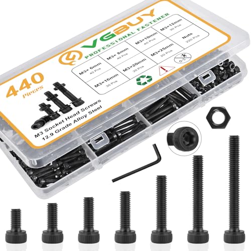 440Pcs M3 Screws Kit for 3D Printer DIY,220Pcs M3 Screw (6-25mm),220Pcs M3 Nut,Hex Socket Head Cap Small Metric Bolts Nuts Assortment,12.9 Grade Alloy Steel,Black Oxide, M3x6/8/10/12/16/20/25mm