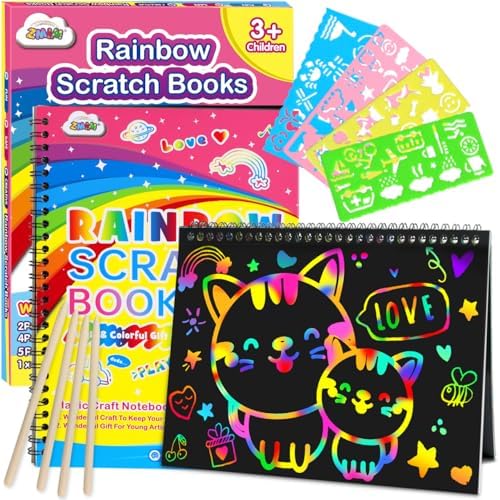 ZMLM Scratch Paper Art-Crafts Gift: 2 Pack Rainbow Notebooks Supplies Toys for 3 4 5 6 7 8 9 10 Years Old Girls and Boys Kids Valentines Day Gifts Birthday Party Games Easter Basket Stuffers (Yellow)