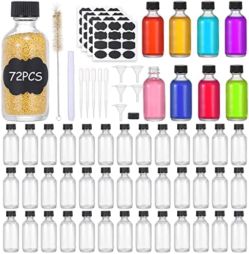 (Pack of 72) 2oz Small Clear Glass Bottles(60ml) with Lids Boston Round Travel Bottles for Vanilla Hot Sauce Juice Whiskey Liquid come with 72 Labels,5 Funnels,5 Droppers,1 Brush&Chalk Marker