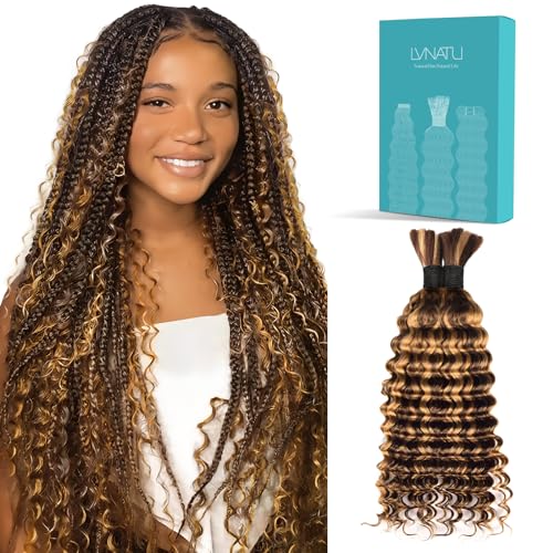 4/27 Blonde Brown Highlight Human Braiding Hair for Boho Braids Bohemian Knotless Deep Wave Bulk No Weft 2 Bundles 100g 22 Inch