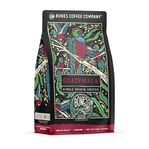 Bones Coffee Company Guatamela Single-Origin Coffee Beans, Medium Roast Ground Coffee Gifts Low Acid Gourmet, Milk Chocolate, Citrus, Caramel Notes (12 oz)