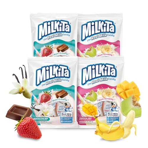 Milkita Creamy Shake Candy Pack of 4, Gluten Free Chewy Candies with Calcium & Real Milk, Zero Trans Fat, Low-Sugar, Assorted Neapolitan Flavors (Vanilla, Strawberry, Chocolate) & Tropical Flavors (Banana, Honeydew, Mango), 120 Pcs