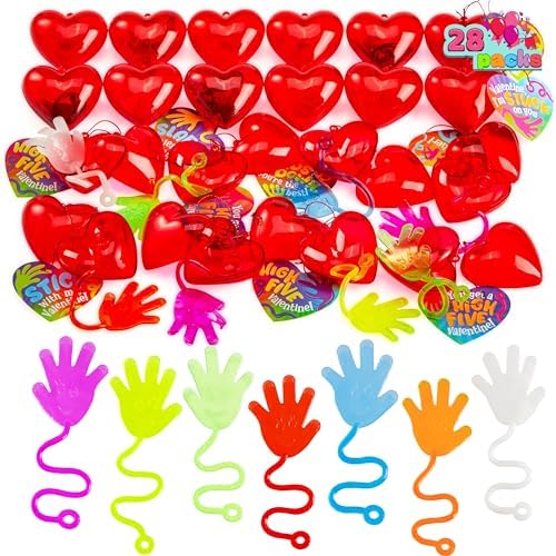JOYIN 28 Pack Valentine's Day Sticky Hands with Cards, Classroom Exchange Gift for Kids, Classroom and Holiday Reward Prizes, Valentine’s Party Favors, Sticky Hands Toys