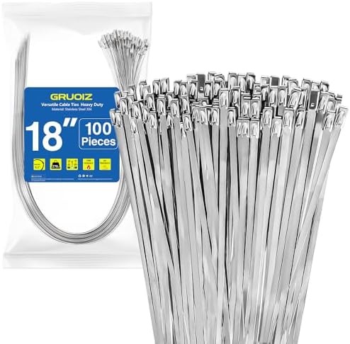 18 inch Stainless Steel Cable Zip Ties 100 Pack 304 Metal Cable Ties with 270lbs Tensile Strength Heavy Duty Zip Ties for Farms Pipes Roofs Workshop Outdoor Fence Use