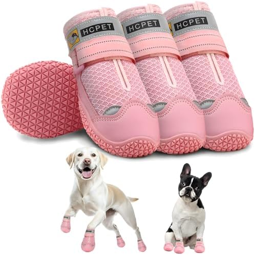 Hcpet Dog Shoes for Large Dogs, Breathable Dog Booties for Small Medium Dogs, Anti-Slip Dog Boots & Paw Protectors for Hot Pavement Winter Snow Hiking with Reflective Straps Pink Size 4
