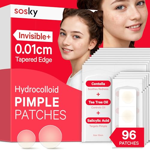 Sosky Pimple Patches for Face, FSA HSA Eligible Invisible Hydrocolloid Acne Patches, Zit Sticker for Face and Skin, Pimple Patches for Covering Zits, Blemishes with Salicylic Acid 96 Count