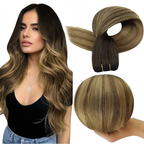 Full Shine Sew In Hair Extensions Balayage Hair Extensions Real Human Hair Color Brown To Ash Brown Mix Blonde Weft Human Hair Extensions For Women Sew In Extensions Straight Hair 14 Inch 100G