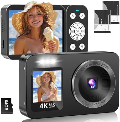Digital Camera, 4K 64MP UHD Dual Screens Camera, 18X Zoom, Portable Small Point and Shoot Digital Cameras with 64GB TF Card, 2 Rechargeable Batteries for Kids, Teens, Adult, Selfies, Gifts- Black