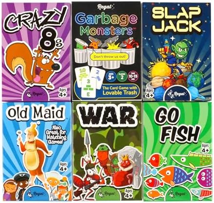 Regal Games Card Games for Kids - Go Fish, Crazy 8's, Old Maid, Slap Jack, Garbage Monster, War - Simple & Fun Classic Family Table Games - Games May Vary (6 Set)