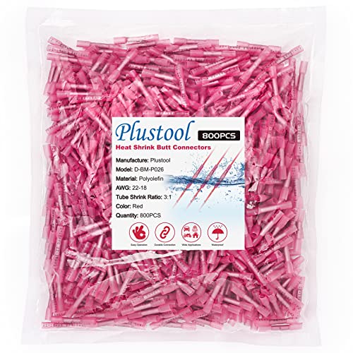 800PCS Red Heat Shrink Butt Connectors AWG 22-18, Plustool Marine Grade Electrical Wire Connectors, Tinned Red Copper 0.7mm, Insulated Waterproof Crimp Terminals Butt Splice for Cable,Boat,Wiring