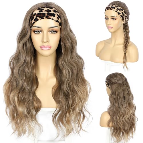 SAPPHIREWIGS Glueless Headband Wig Long Body Wave Wig Synthetic Headband Wigs for Black Women Natural Brown with Blonde Tips Wavy Hair Heat Resistant 26 inch