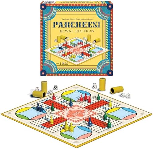 Parcheesi Royal Edition by Winning Moves Games USA, classic family favorite featuring charming artwork, tokens and dice cups for 2-4 players, Ages 8+ (6106)
