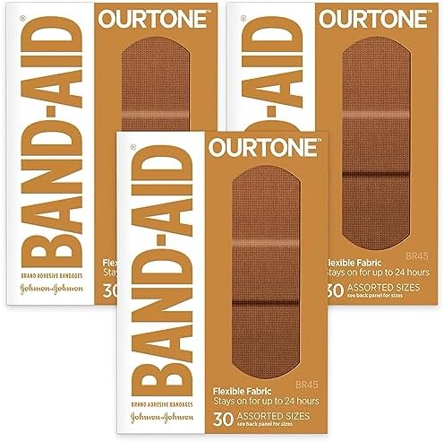 Band-Aid Brand Ourtone Adhesive Bandages, Flexible Protection & Care of Minor Cuts & Scrapes, Quilt-Aid Pad for Painful Wounds, BR45, Assorted Sizes, 30 ct, Pack of 3