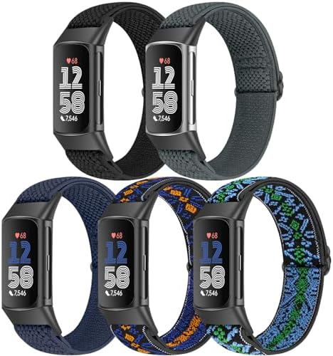 5 Pack Elastic Nylon Watch Bands Compatible for Fitbit Charge 6/Fitbit Charge 5, Adjustable Breathable Replacement Stretchy Nylon Loop Wristband Sport Strap for Women Men