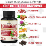 Berberine Supplement Plus Ceylon Cinnamon, Turmeric Curcumin, Milk Thistle, Artichoke - 150 Capsules for 5 Month Supply