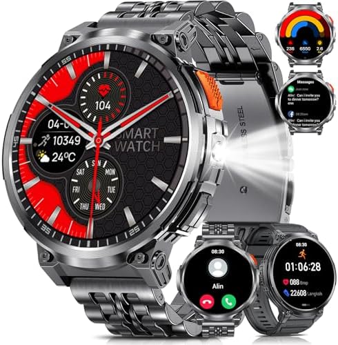 Military Smart Watches for Men with Bluetooth Call, 1.85" HD Screen Waterproof smartwatch with Flashlight, 114 Sport Modes, 730mAh Heart Rate/SpO2/Sleep Monitor Fitness Tracker for iOS Android