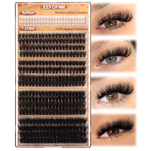 Eefofnn Fluffy Lash Clusters 370pcs Individual Lashes Volume 50D+60D+80D+100D Eyelash Clusters with Bottom Lashes 5 Styles Lash Extension D Curl 12-18mm Thick Cluster Eyelashes Extensions DIY at Home