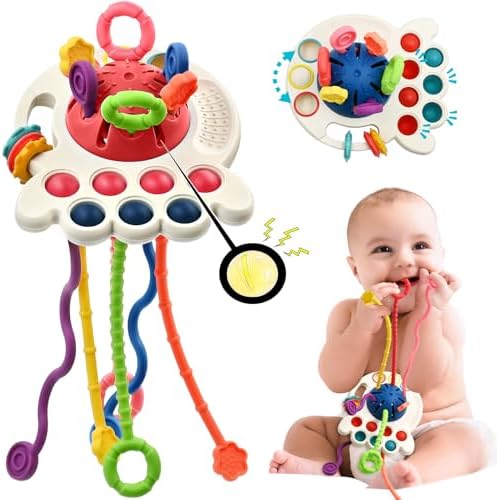 AiTuiTui Sensory Montessori Baby Teething Toys, Toddler Travel Toys for 1 2 Year Old Boy Girl Birthday Gifts, Soft Pull String Fidget Educational Learning Toys for 9 10 18 Months Infant, Random Color