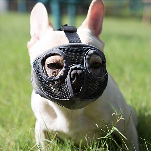 Short Snout Dog Muzzle- Adjustable Breathable Mesh Bulldog Muzzle for Biting Chewing Licking Grooming Dog Mask,Grey(Eyehole) S