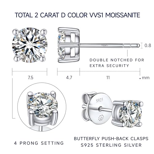 MomentWish Stud Earrings for Women with Christmas Gift Bag, 2Carat Simulated Moissanite Earrings 925 Sterling Silver Solitaire Earrings, Christmas Anniversary Holiday Gifts for Her