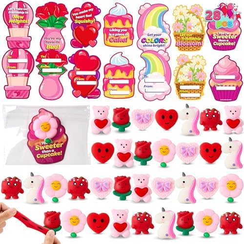 JOYIN 28 Packs Valentine’s Day Gift Cards with Mochi Toys, Stress Relief Fidget, Cute Miniature Novelty Squeeze Toys for Kids Valentine's Party Favors, School Exchange and Goody Bag Fillers